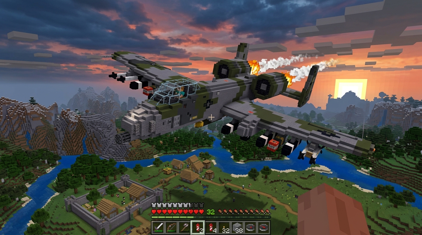 Minecraft Airplane Mod Warplane flying over terrain