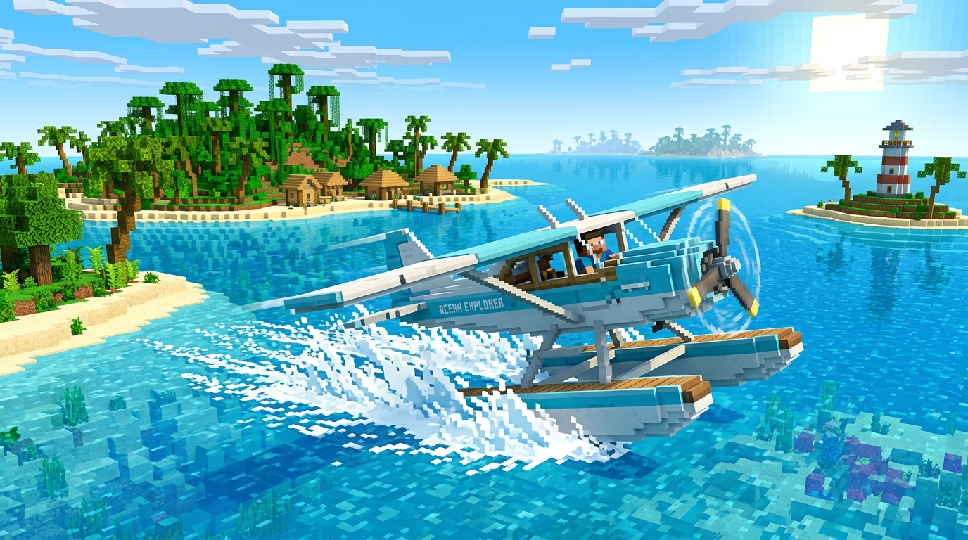 Minecraft Seaplane Mod taking off from ocean