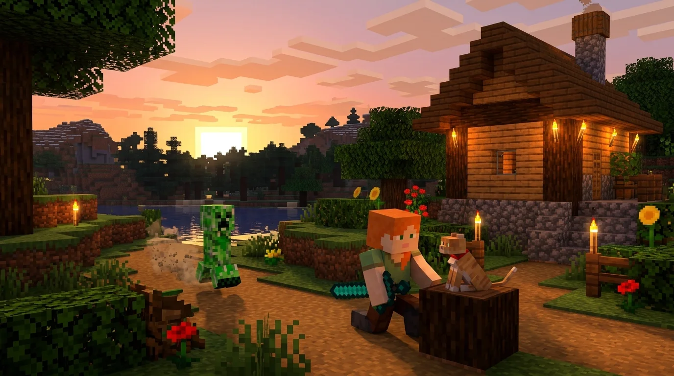 How to tame creepers in Minecraft — player with tamed cat scaring away green creeper at sunset