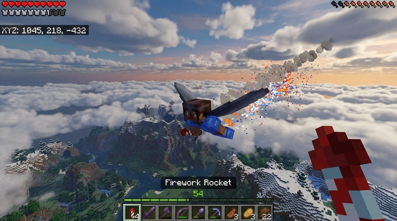 How to fly with elytra with fireworks in Minecraft — rocket boosting high above the clouds