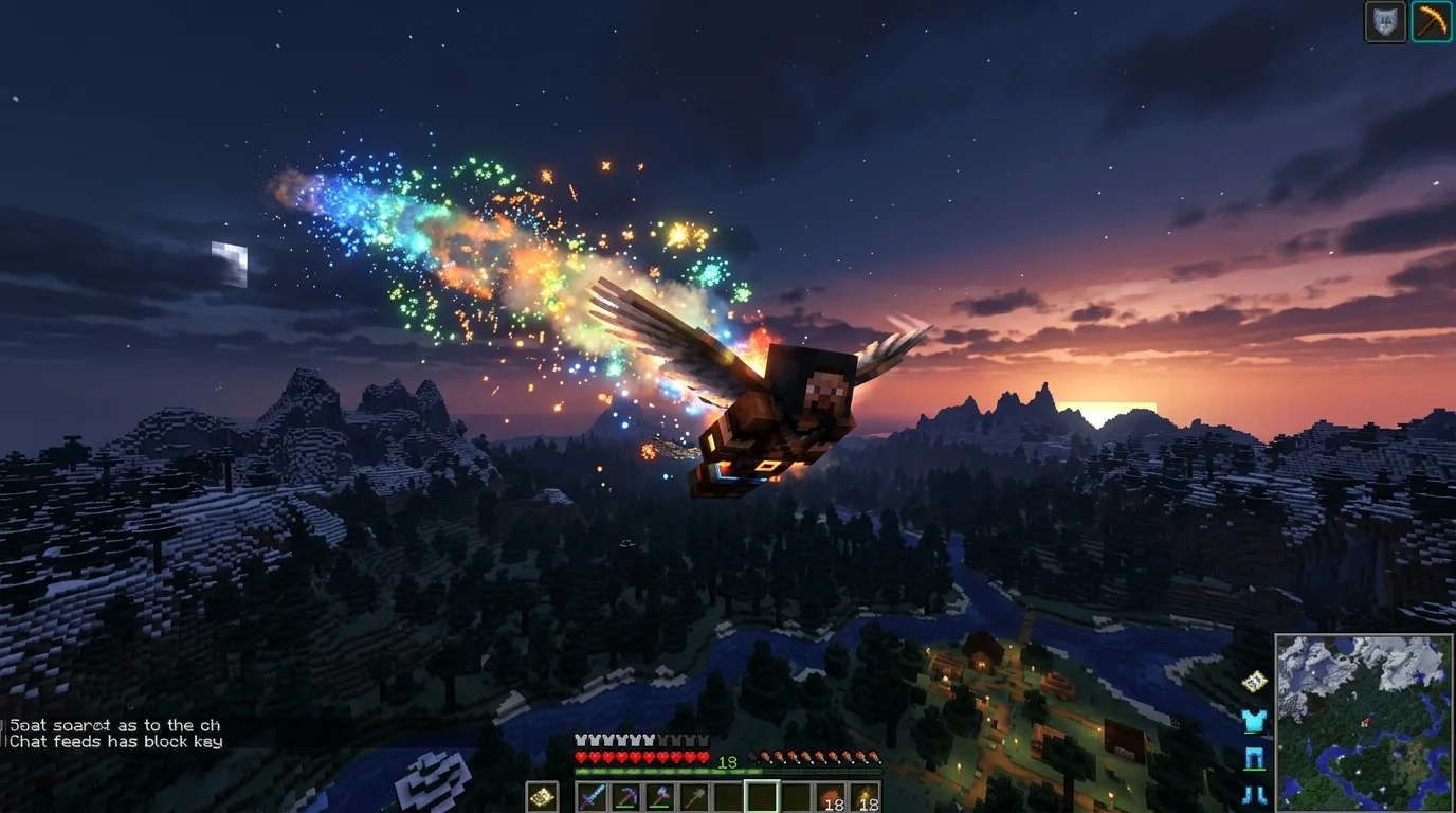 How to fly with elytra in Minecraft — player gliding through sunset sky with firework rocket trail