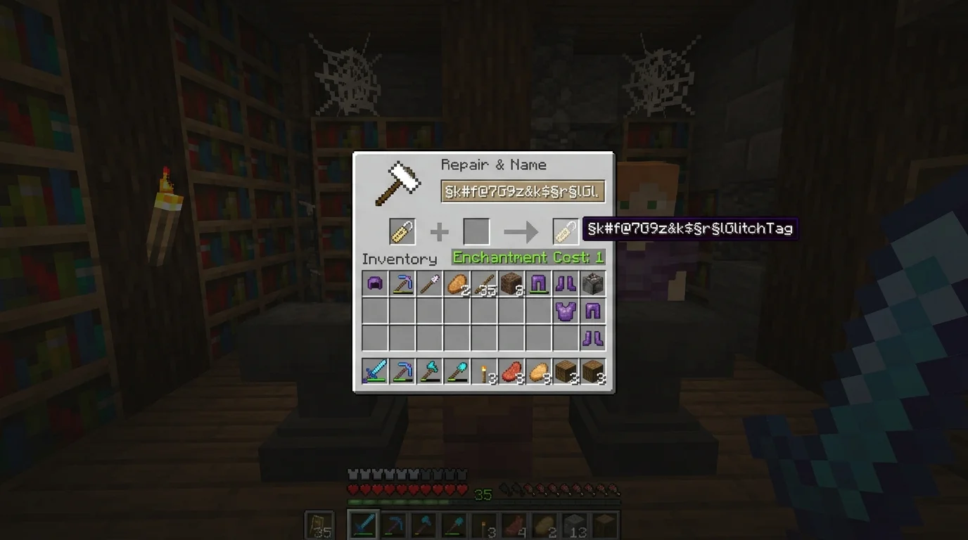 Adding glitchy names in Minecraft — anvil interface renaming a Name Tag with corrupted zalgo text