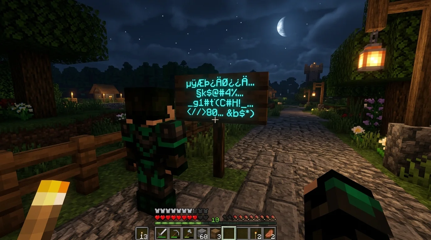 How to make glitchy text in Minecraft — player looking at wooden sign with glowing obfuscated scrambled text