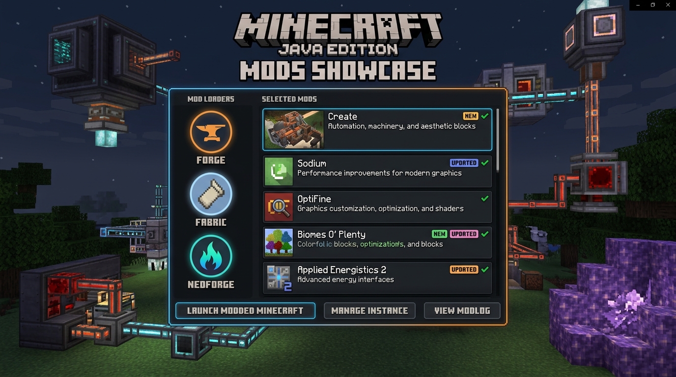 Minecraft Java Edition mods showcase featuring Forge, Fabric and NeoForge mod loaders with popular mods like Create, Sodium, and Optifine