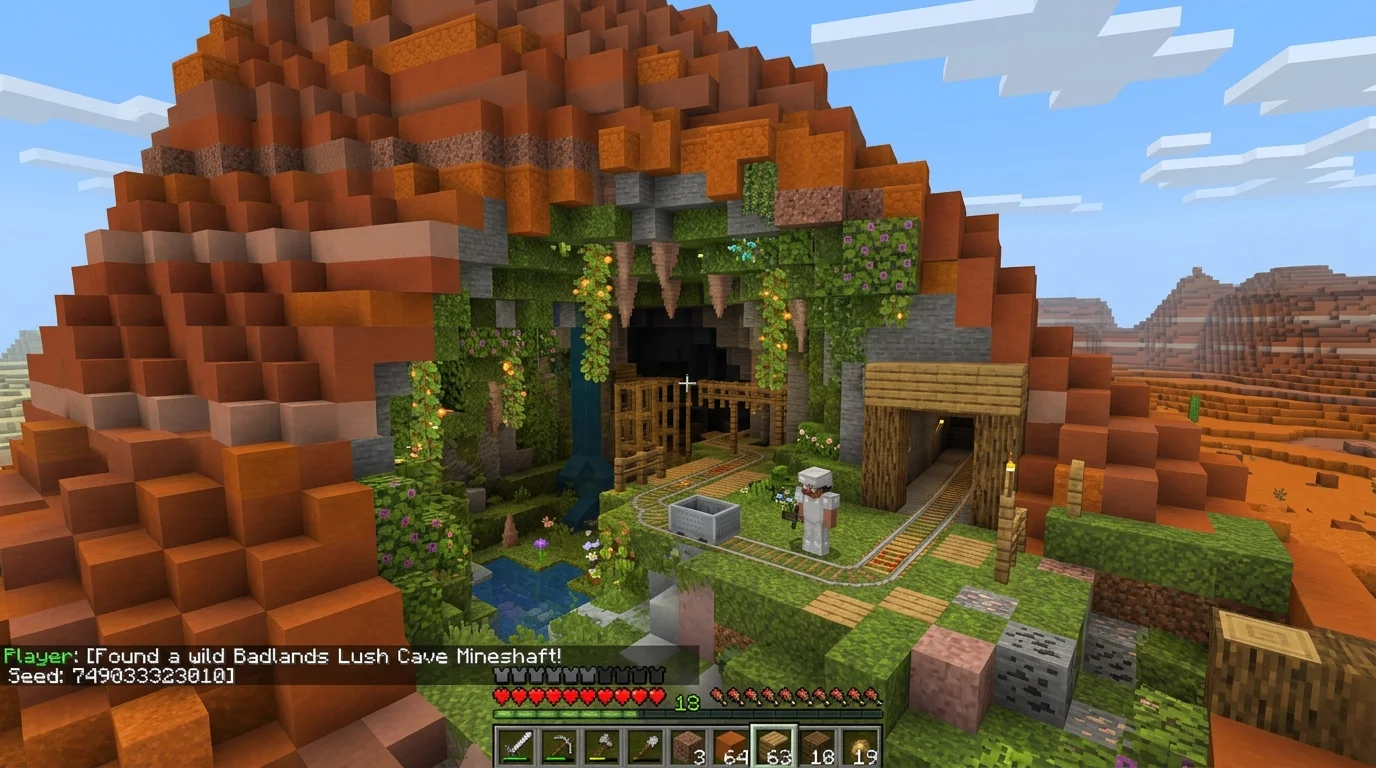 Badlands lush cave with mineshaft seed — exposed cave entrance on badlands mountain with mineshaft rails