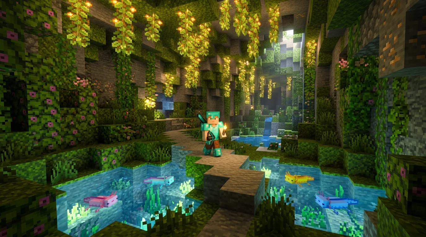 Minecraft Baby Mobs texture pack — cute baby axolotls and player with torch screenshot