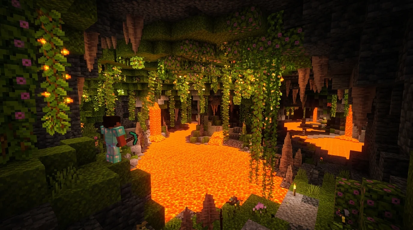Lava-logged flora lush cave seed — orange lava pools lighting up glow berry vines and azaleas