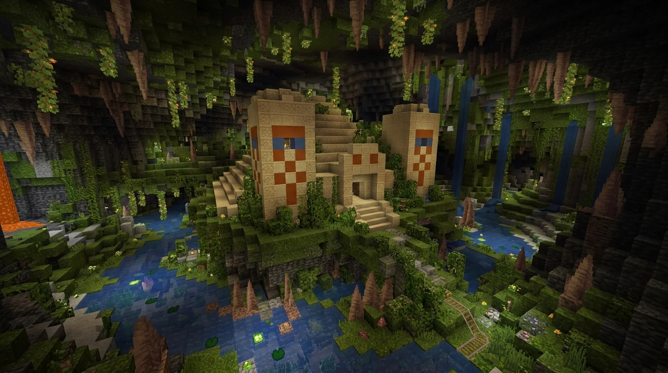 Desert temple inside lush cave seed — buried desert pyramid in underground lush cavern