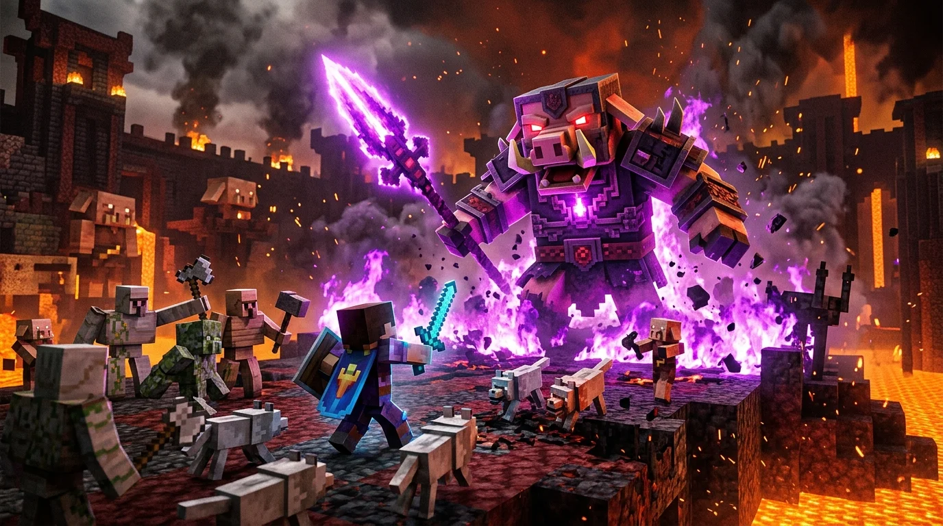 Piglin bosses in Minecraft Legends — The Great Hog final boss battle with purple Nether fire