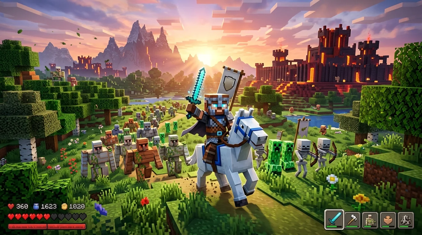 Minecraft Legends — hero riding through the Overworld commanding an army of golems and creepers
