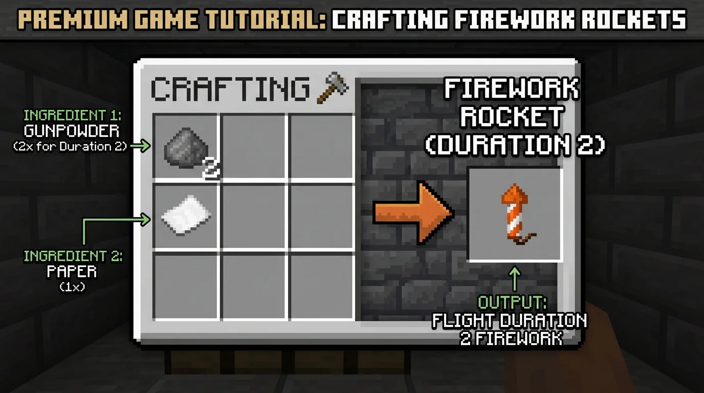 Minecraft crafting table recipe for a Duration 2 firework rocket showing 2 gunpowder and 1 paper