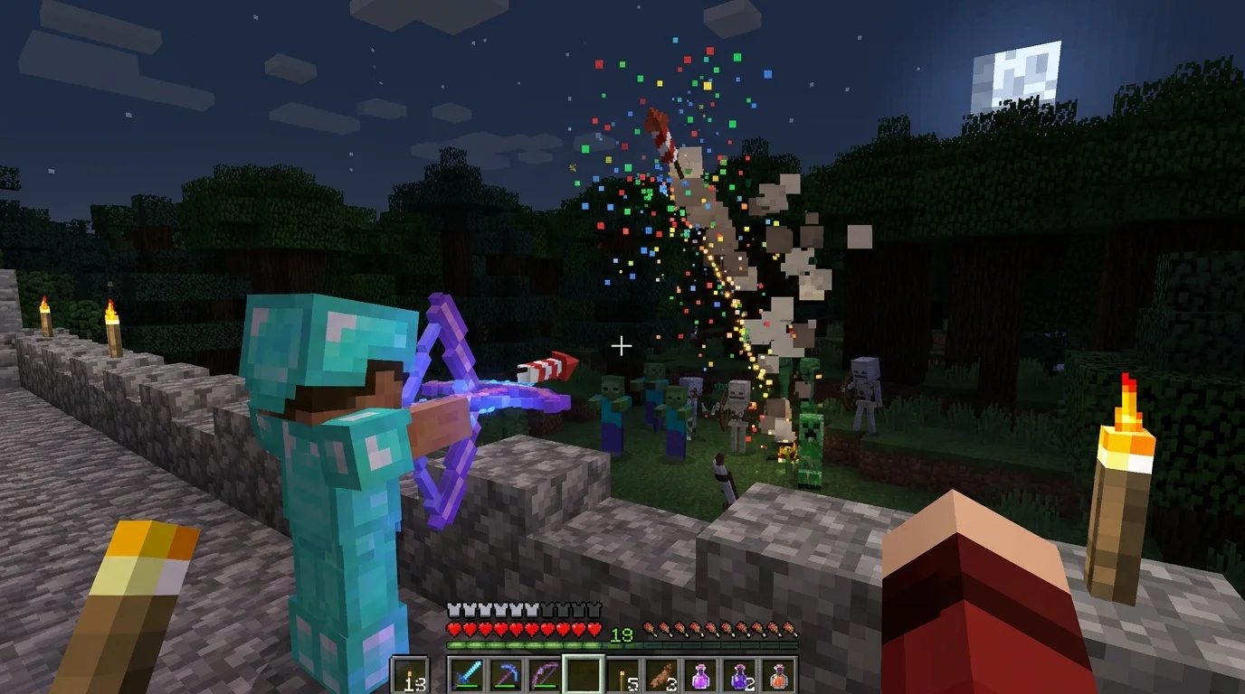 Minecraft player aiming a crossbow loaded with an explosive firework rocket at hostile mobs