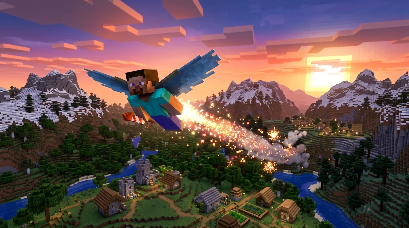 Minecraft player flying with Elytra boosted by a firework rocket over mountains at sunset
