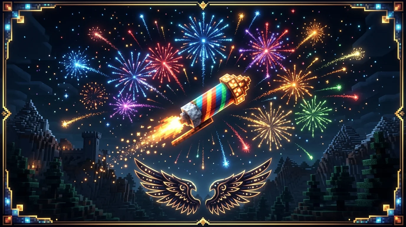 Minecraft firework rocket hero banner showing colorful exploding fireworks and Elytra wings artwork