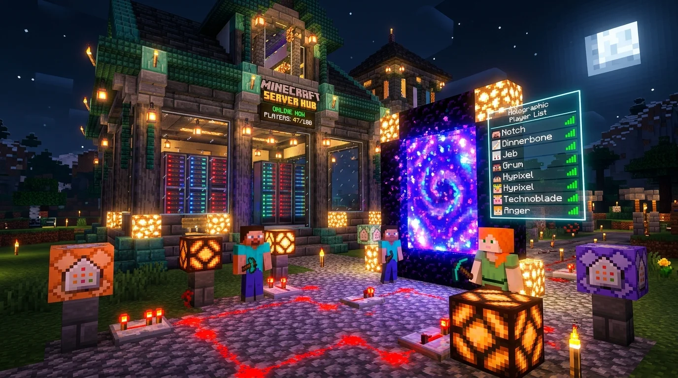 Dedicated Minecraft server hub featuring redstone wiring, glowing server racks, holographic player list and server portal