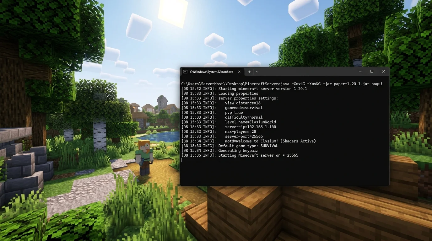 Windows Command Prompt running a Minecraft Java server showing server launch commands and server.properties settings
