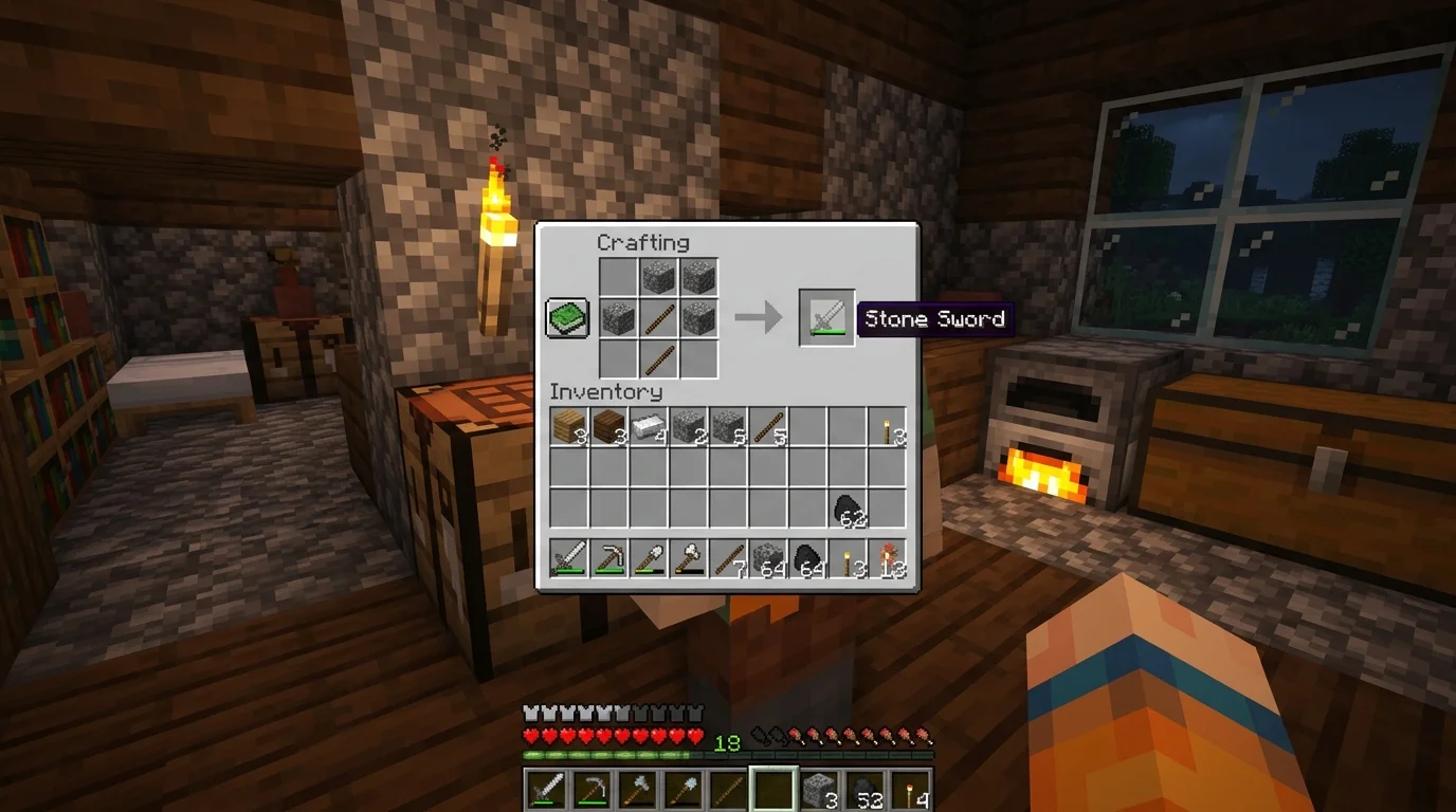 Crafting a stone sword in Minecraft — crafting table grid recipe with 2 cobblestone and 1 stick