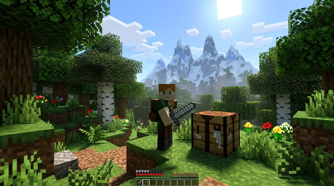 Stone sword in Minecraft — player character holding a gray stone sword near a crafting table