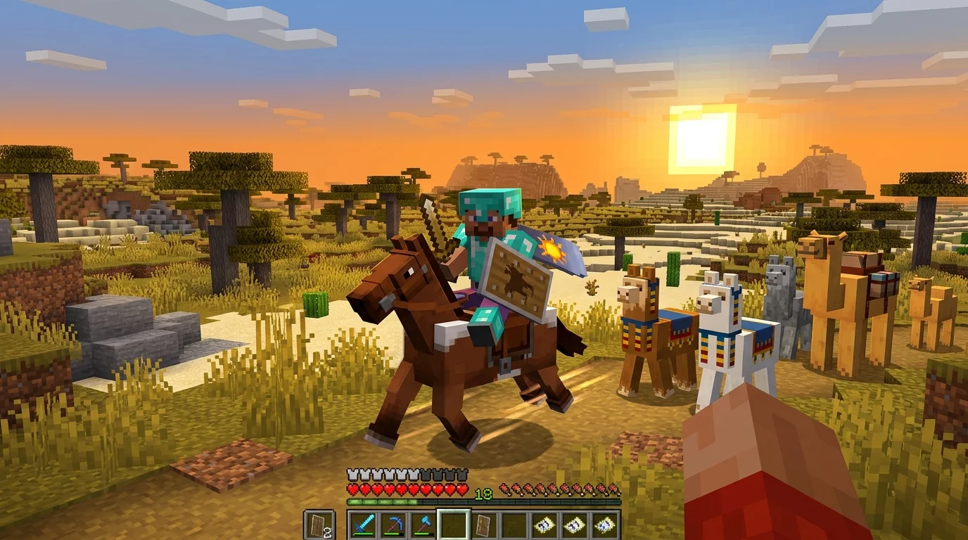 Riding a Tamed Horse in Minecraft Savanna Biome