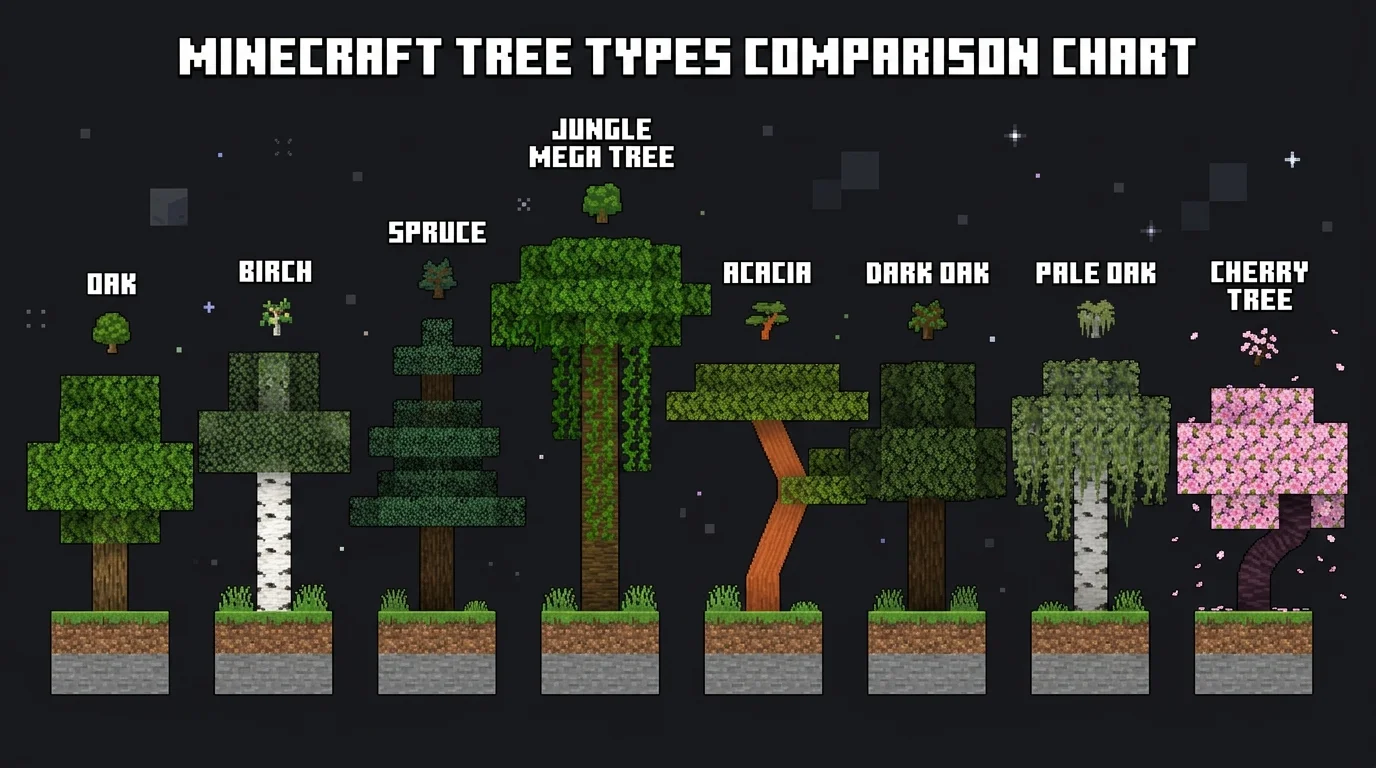 All Minecraft Tree Types Comparison Chart Oak Birch Spruce Jungle Acacia Dark Oak Pale Oak Cherry