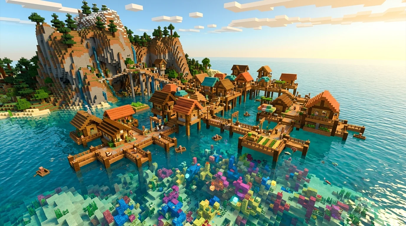 Minecraft coral village seed — village floating above turquoise ocean with colorful coral reef and mountain beside it