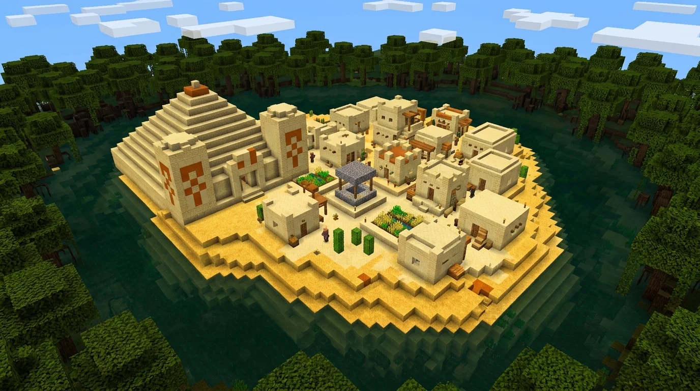 Minecraft desert pyramid village seed — compact desert island with temple and village surrounded by mangrove swamp