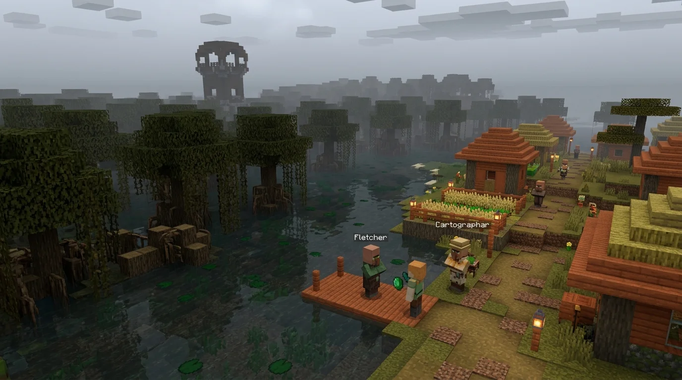 Minecraft swamp village seed — savanna village on the edge of a dark mangrove swamp with pillager outpost